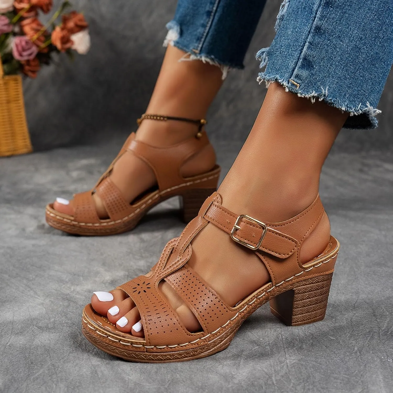 Fashion Strappy Heels for Women Sandals Comfortable Dressy Chunky Block Heel Open Toe Ankle Strap Slip On Mules Slingback Sandals for Women Prom Wedding Heels Boho Beach Sandals