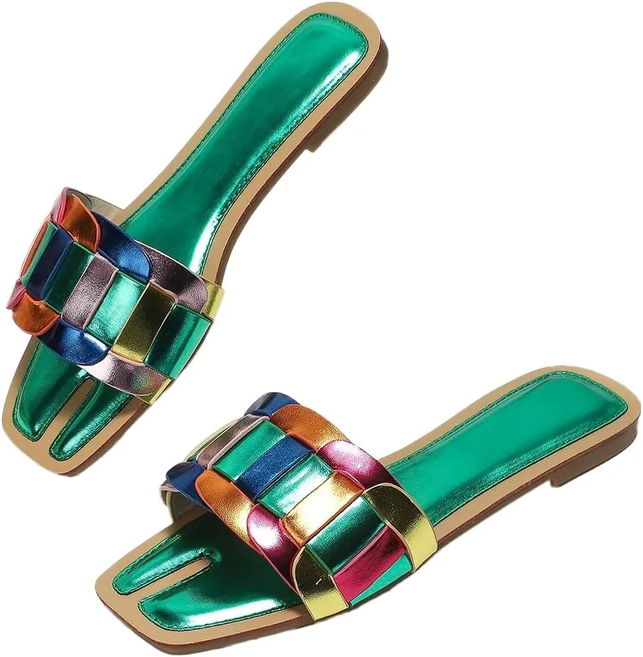 Fashionable Slide Sandals For Women, Colorblock Single Band Flat Sandals