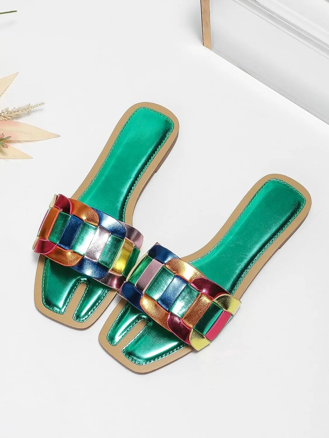 Fashionable Slide Sandals For Women, Colorblock Single Band Flat Sandals