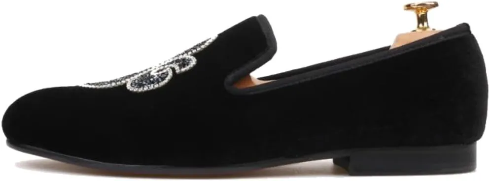 FERUCCI Handmade Men Black Velvet Slippers Flats Loafers with Crystal Embroidery