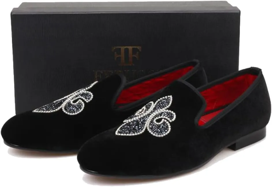 FERUCCI Handmade Men Black Velvet Slippers Flats Loafers with Crystal Embroidery