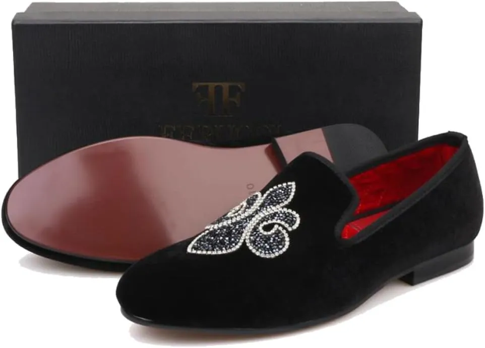 FERUCCI Handmade Men Black Velvet Slippers Flats Loafers with Crystal Embroidery