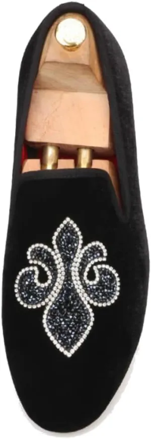 FERUCCI Handmade Men Black Velvet Slippers Flats Loafers with Crystal Embroidery