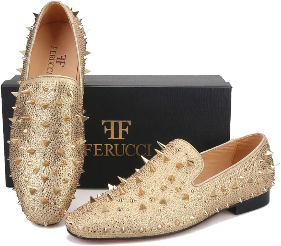 FERUCCI Men Gold Spikes Slippers Loafers Flat with Crystal GZ Rhinestone