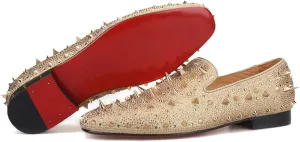 FERUCCI Men Gold Spikes Slippers Loafers Flat with Crystal GZ Rhinestone