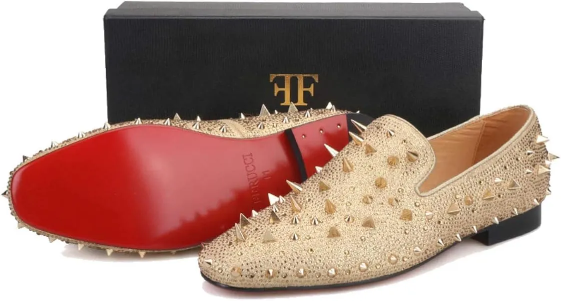 FERUCCI Men Gold Spikes Slippers Loafers Flat with Crystal GZ Rhinestone