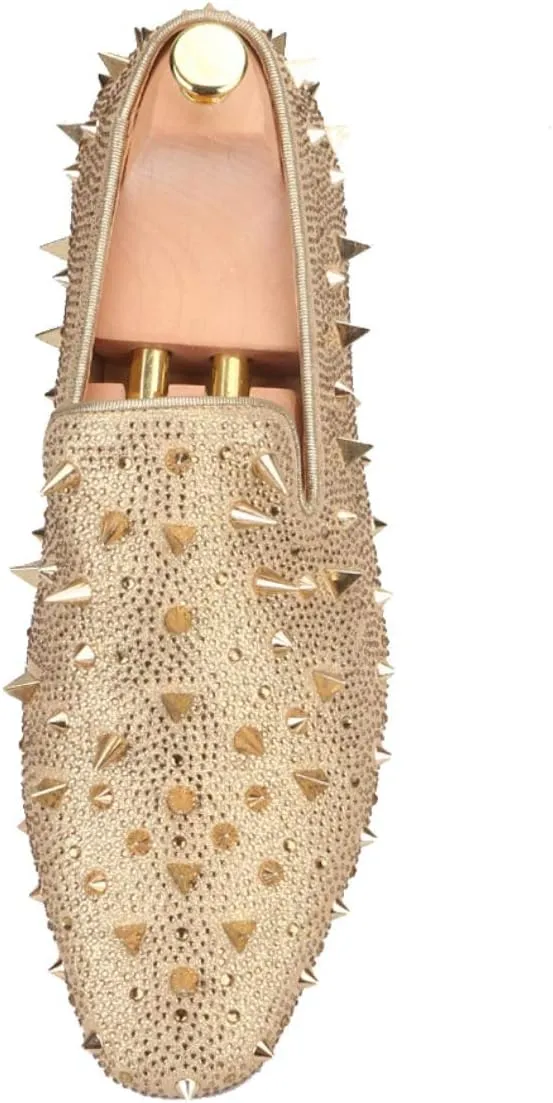 FERUCCI Men Gold Spikes Slippers Loafers Flat with Crystal GZ Rhinestone