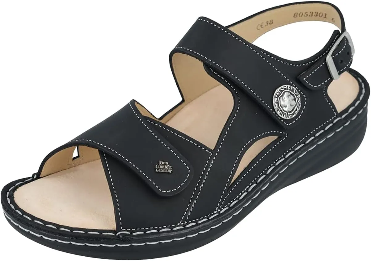 Finn Comfort Barbuda Women's Dressy Casual Flat Sandals, Black, White