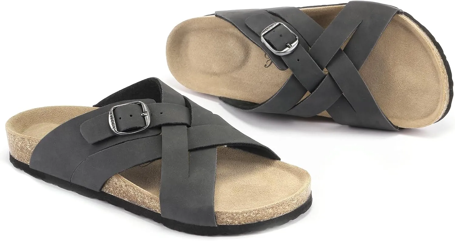 FITORY Women's Cork Footbed Slide,Open Toe Flat Sandals with Arch Support for Summer Size 6-11