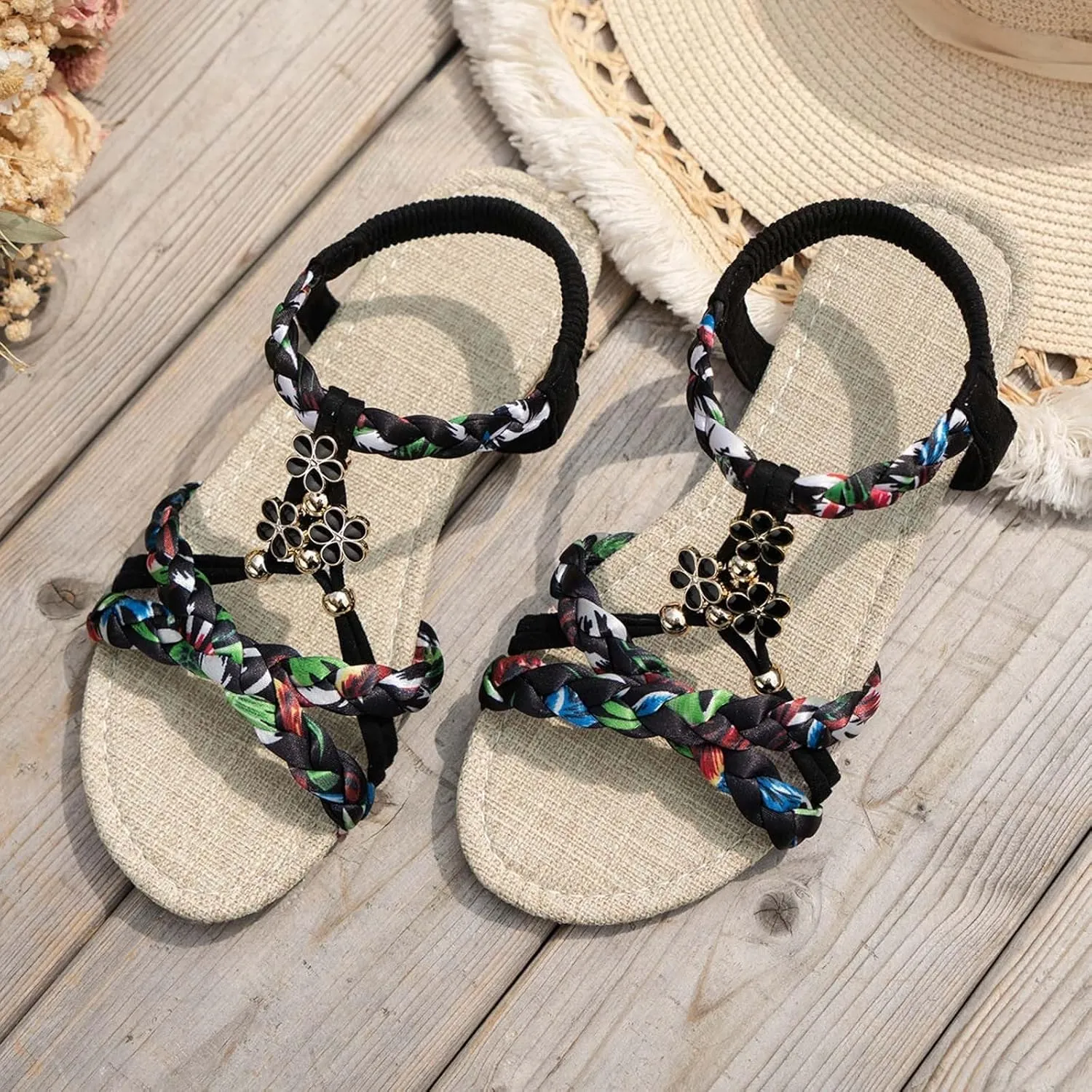 Flat Sandals for Women 2025 Dressy Womens Flat Sandals Comfortable Summer Casual Bohemian Beach Shoes Open Toe Ankle Strap Wide Width Slip On Lightweight Sandal Walking Trendy Sandal