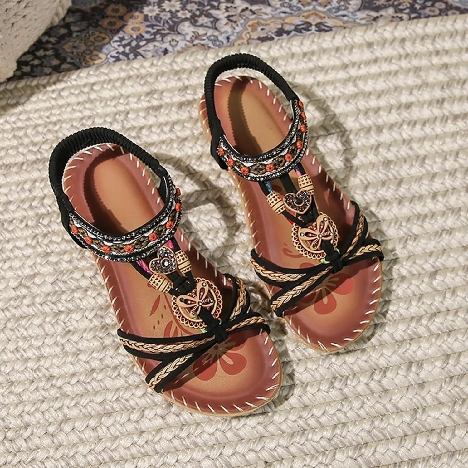 Flat Sandals for Women Dressy Wide Sparkly Rhinestone Strappy Flat Sandals Bridal Wedding Dress Shoes Fashion Sandals