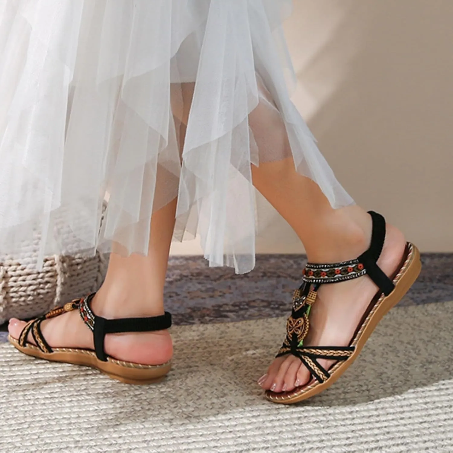 Flat Sandals for Women Dressy Wide Sparkly Rhinestone Strappy Flat Sandals Bridal Wedding Dress Shoes Fashion Sandals