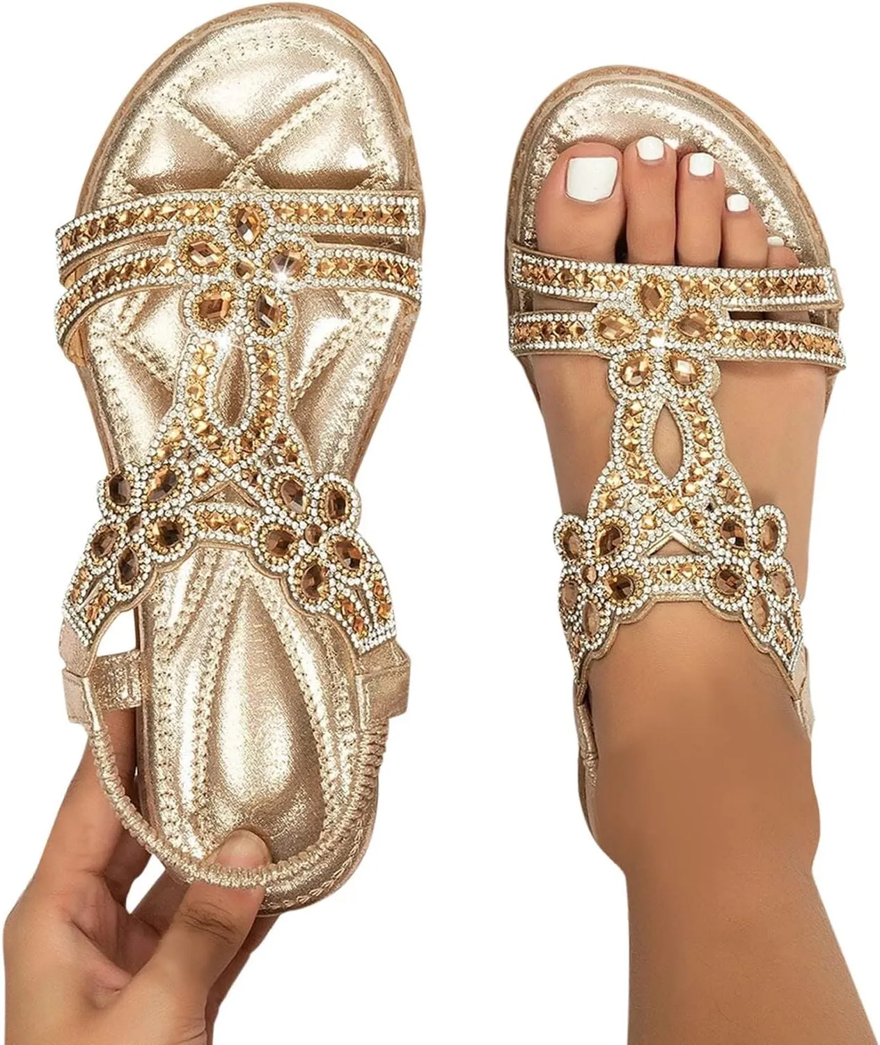Flat Sandals for Women Dressy,Summer T-Strap Beaded Flower Rhinestone Sandals Comfortable Open Toe Dress Beach Shoes