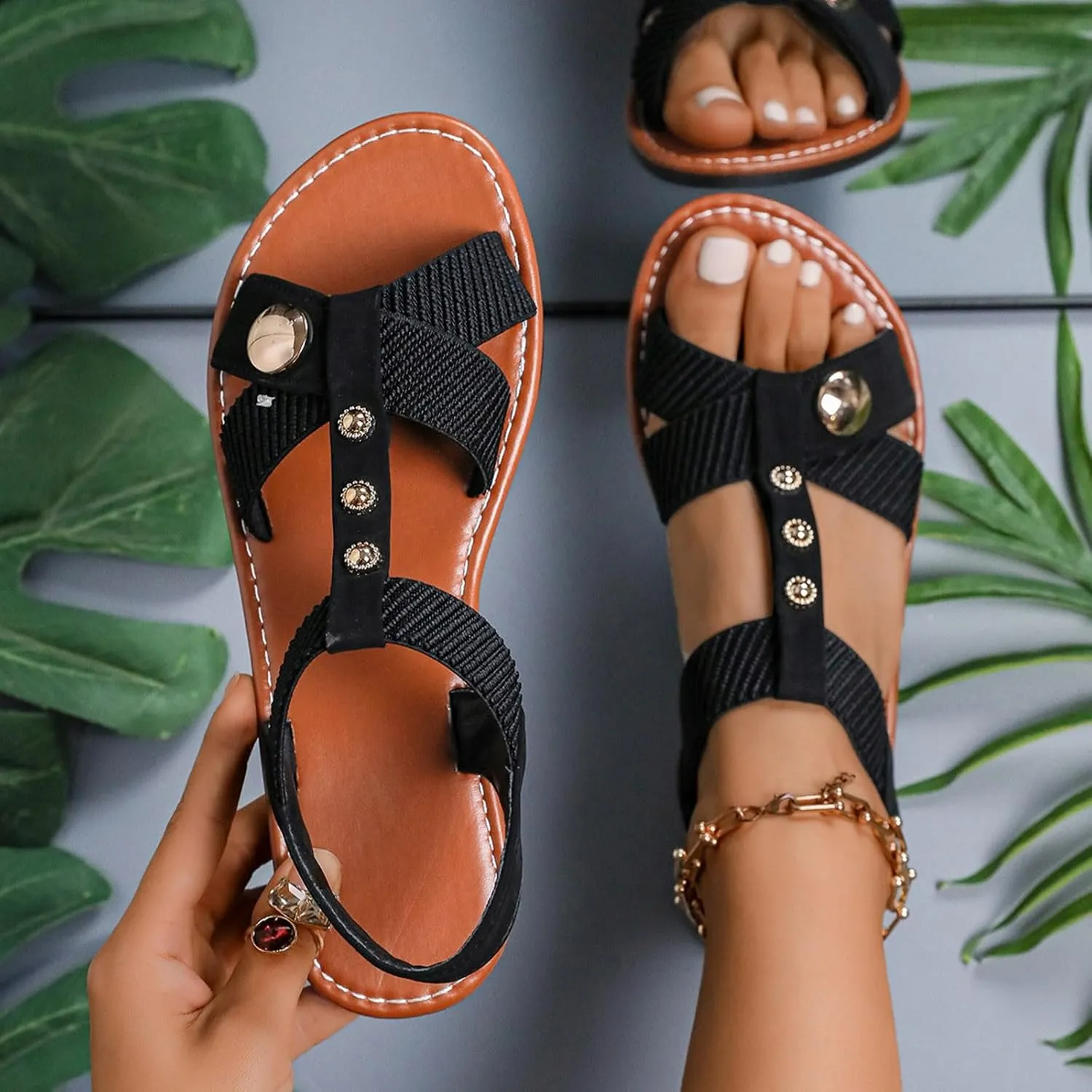 Flat Sandals for Women Summer Dressy Slip On Bohemian Sandals Open Toe Cross Strap Beach Shoes Comfortable Wide Width Dress Shoes