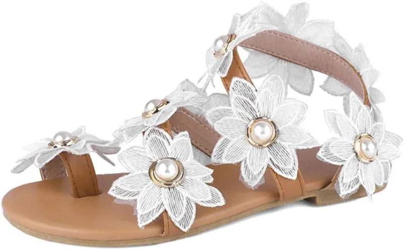 Flat Sandals for Women, White Sandals Woman Dressy Summer, Bohemian Lace Flower Beach Flip Flops Elegant Bridal Sandals Toe Ring Strappy Wedding Sandals for Bride (h-White, 9.5)