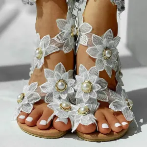 Flat Sandals for Women, White Sandals Woman Dressy Summer, Bohemian Lace Flower Beach Flip Flops Elegant Bridal Sandals Toe Ring Strappy Wedding Sandals for Bride (h-White, 9.5)