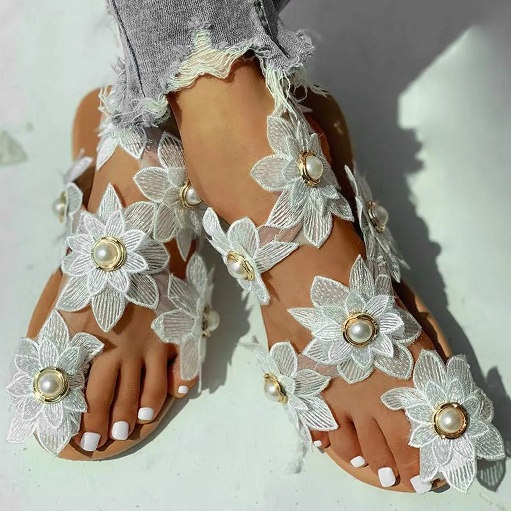 Flat Sandals for Women, White Sandals Woman Dressy Summer, Bohemian Lace Flower Beach Flip Flops Elegant Bridal Sandals Toe Ring Strappy Wedding Sandals for Bride (h-White, 9.5)