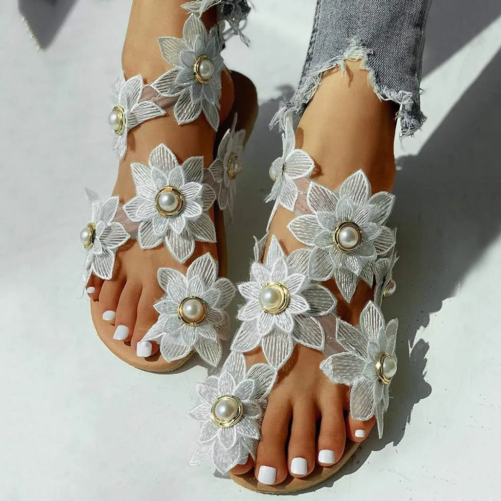 Flat Sandals for Women, White Sandals Woman Dressy Summer, Bohemian Lace Flower Beach Flip Flops Elegant Bridal Sandals Toe Ring Strappy Wedding Sandals for Bride (h-White, 9.5)