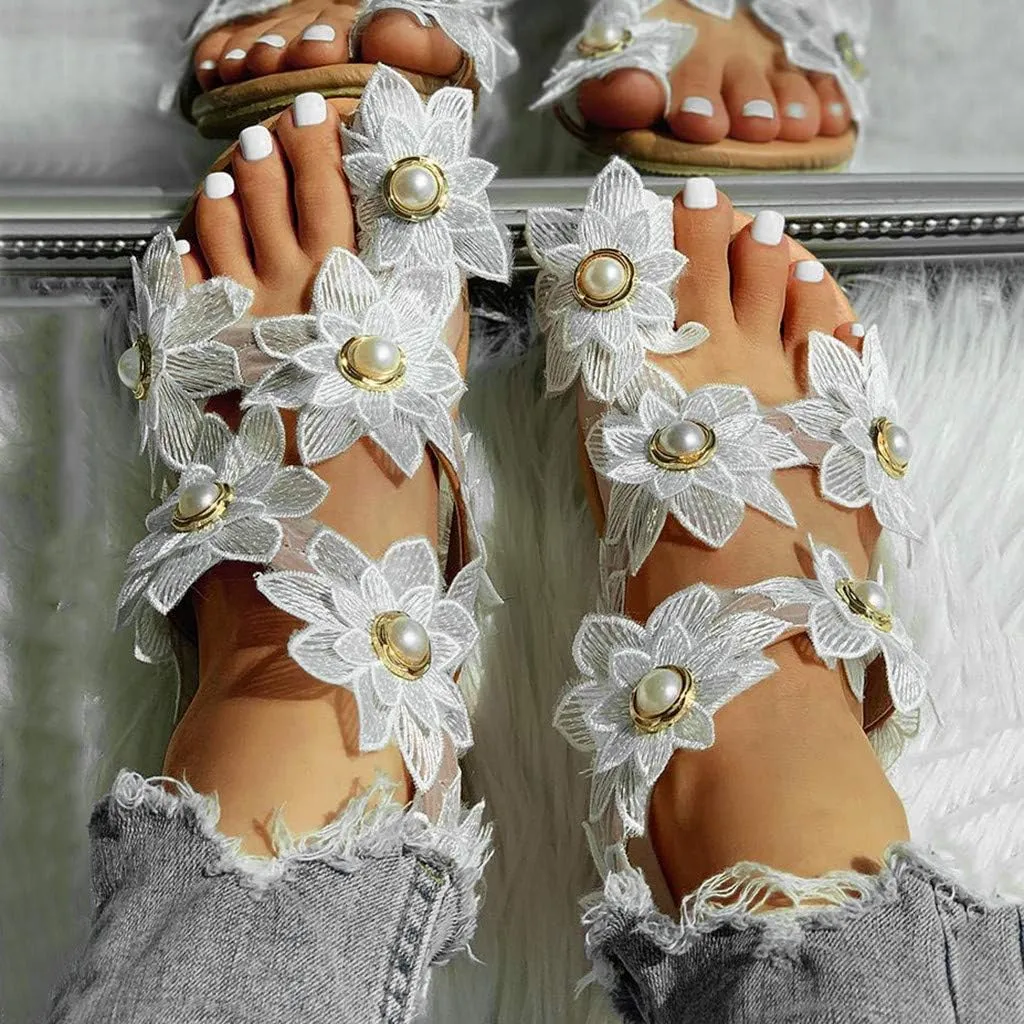 Flat Sandals for Women, White Sandals Woman Dressy Summer, Bohemian Lace Flower Beach Flip Flops Elegant Bridal Sandals Toe Ring Strappy Wedding Sandals for Bride (h-White, 9.5)