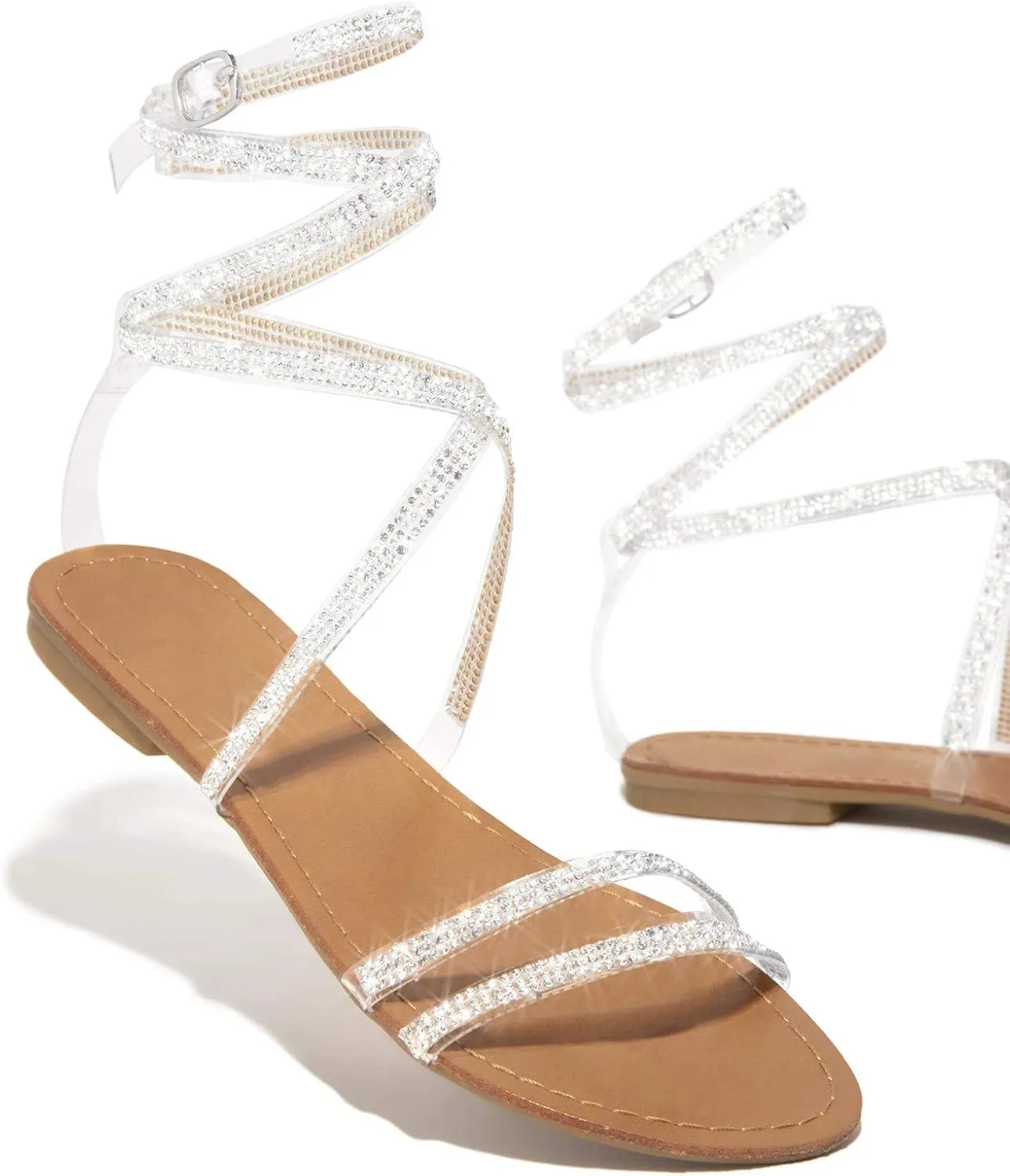 Flats Sandals Women Casual Falt Rhinestone Cutout Boho Gladiator Strap Up Lace Up Cute Sandals for Women Sexy