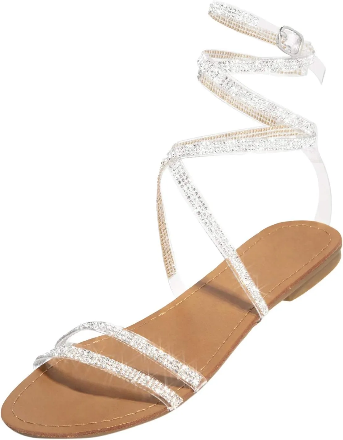 Flats Sandals Women Casual Falt Rhinestone Cutout Boho Gladiator Strap Up Lace Up Cute Sandals for Women Sexy