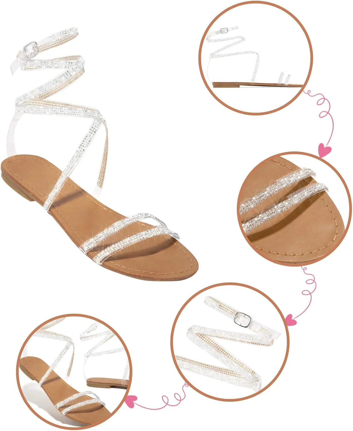 Flats Sandals Women Casual Falt Rhinestone Cutout Boho Gladiator Strap Up Lace Up Cute Sandals for Women Sexy