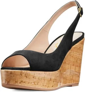 FOWT Women Peep Toe Slingback Platform Wedge Sandals High Heel Buckle Open Toe Ladies Summer Cork Sole Shoes Size 4-15 M US