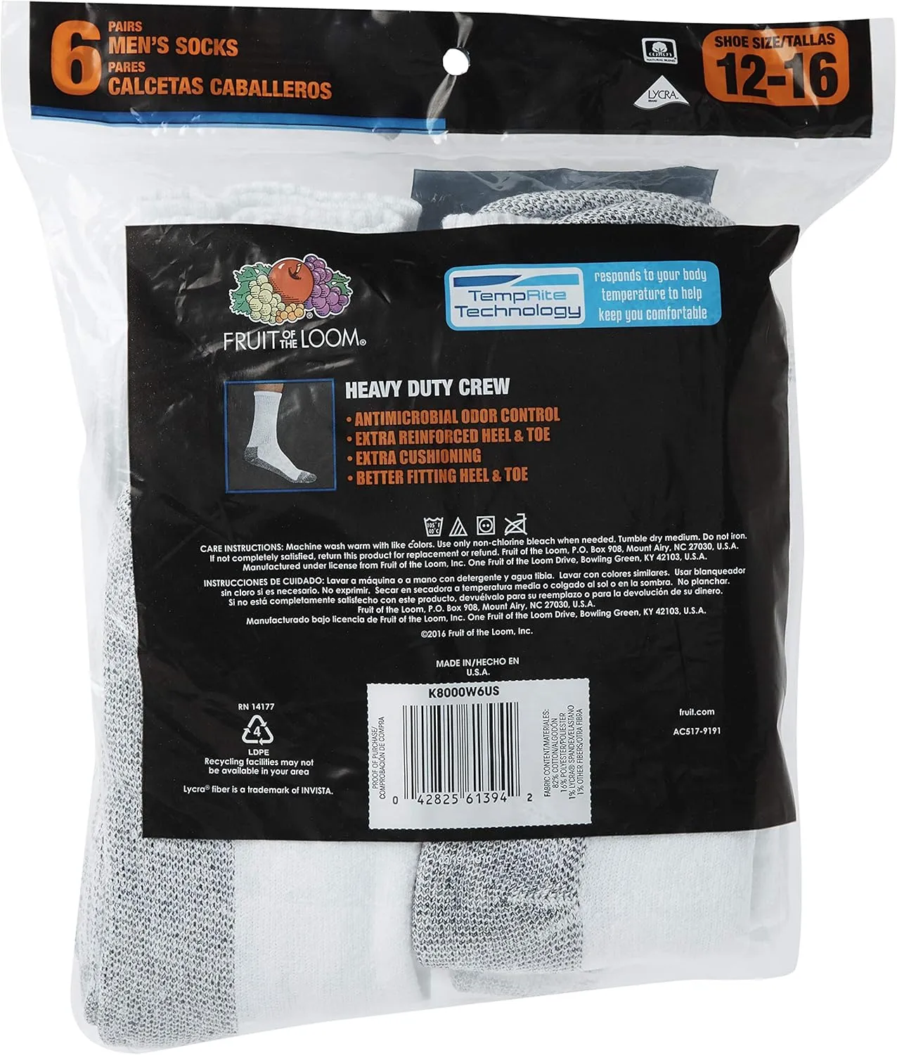 Fruit of the Loom Men's Workgear Durable Crew Socks with Arch Support