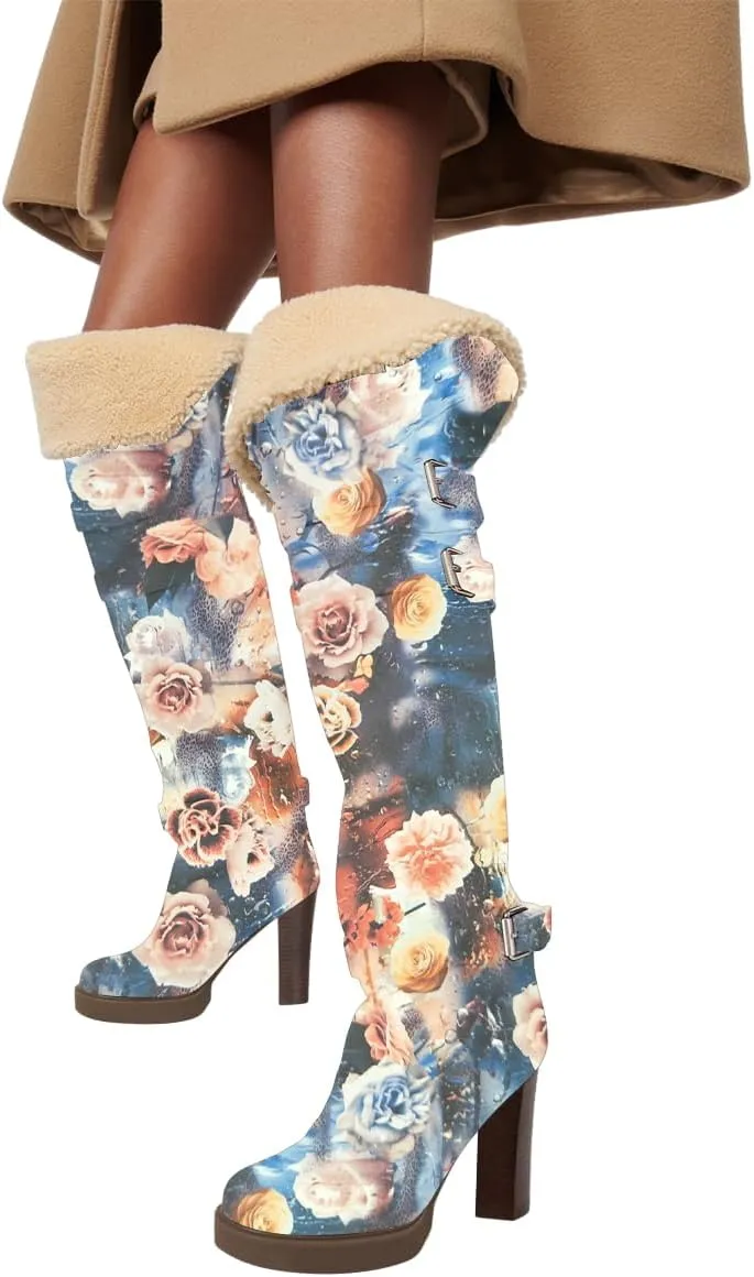 FSJ Women Over The Knee Boots Platform Chunky High Heels Round Toe Buckled Strappy Folded Fur Collar Fashion Warm Fall Winter Shoes Size 4-16 US