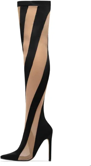 FSJ Women Sexy Pointed Toe Thigh High Boots Ladies Elastic Mesh Multicolor Over the Knee Boots Stretch Stiletto High Heel Long Nightclub Party Dress Shoes Size 4-16 US