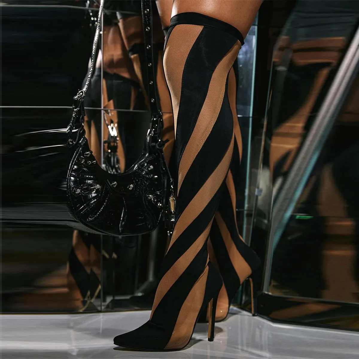 FSJ Women Sexy Pointed Toe Thigh High Boots Ladies Elastic Mesh Multicolor Over the Knee Boots Stretch Stiletto High Heel Long Nightclub Party Dress Shoes Size 4-16 US