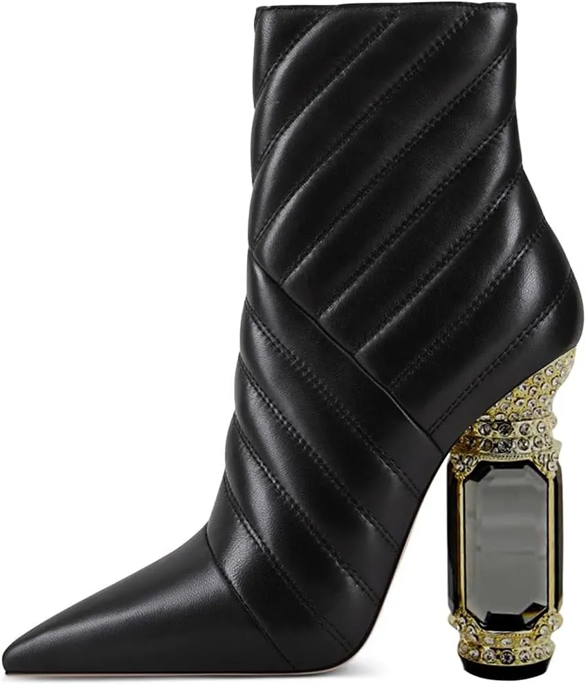 FSJ Women Sparkly Crystal Block High Heel Pointed Toe Ankle Boot Side Zipper Wedding Party Banquet Dress Shoes Size 4-15 US