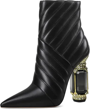 FSJ Women Sparkly Crystal Block High Heel Pointed Toe Ankle Boot Side Zipper Wedding Party Banquet Dress Shoes Size 4-15 US