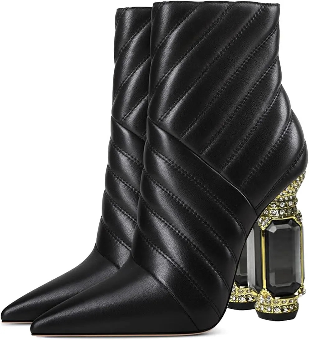 FSJ Women Sparkly Crystal Block High Heel Pointed Toe Ankle Boot Side Zipper Wedding Party Banquet Dress Shoes Size 4-15 US