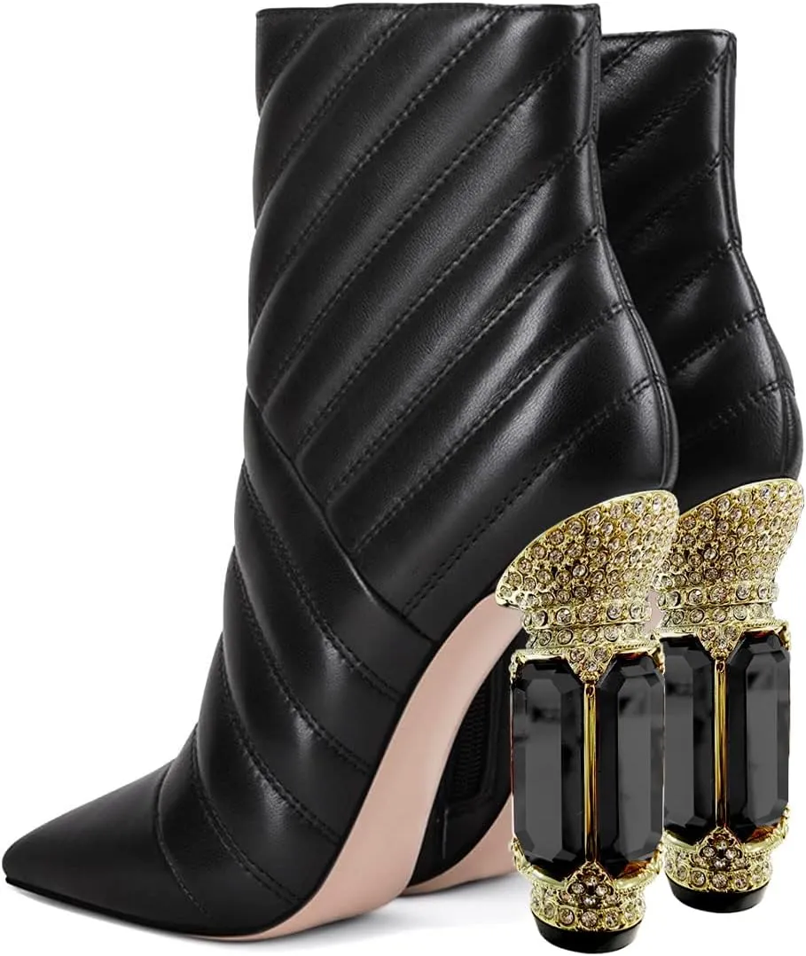 FSJ Women Sparkly Crystal Block High Heel Pointed Toe Ankle Boot Side Zipper Wedding Party Banquet Dress Shoes Size 4-15 US