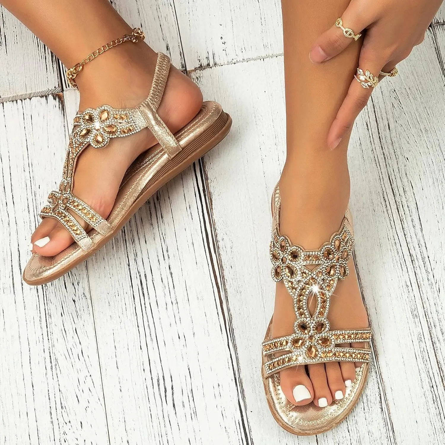 Fululuer Wedge Glitter Sandals for Women - Strappy Wrapped Rhinestone Slide Heel Platform Sandals