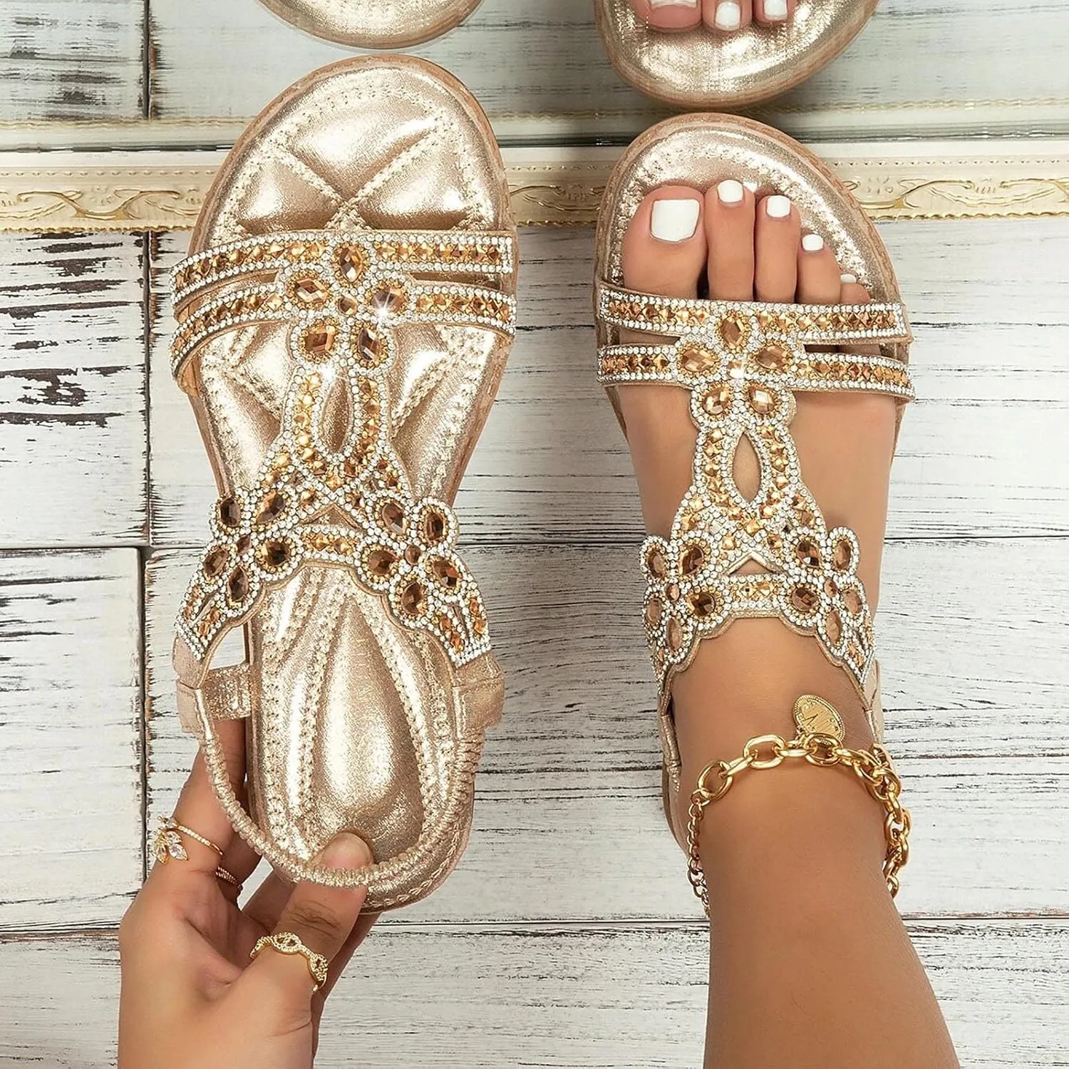 Fululuer Wedge Glitter Sandals for Women - Strappy Wrapped Rhinestone Slide Heel Platform Sandals