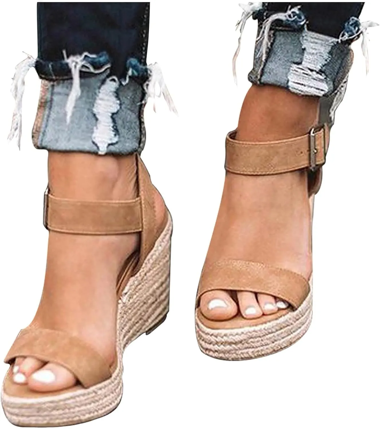 Fululuer Wedge Sandals for Women,Espadrille Sandals Women Dressy Summer Platform Ankle Buckle Sandals Summer Beach Sandals Open Toe Wide Widge Orthopedic Wide Width Sandals for Women (I-Brown, 8.5)