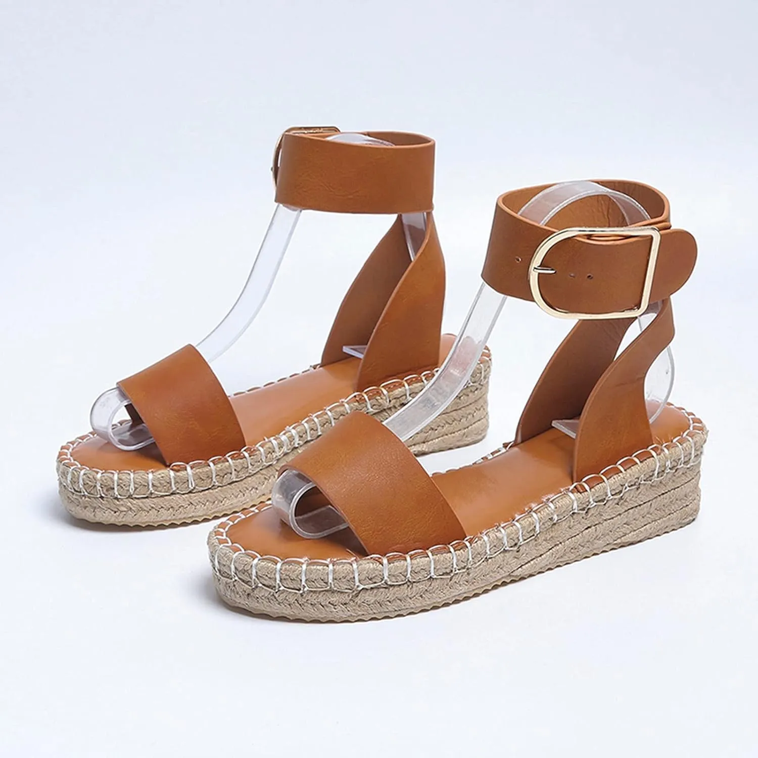 Fululuer Wedge Sandals for Women,Espadrille Women Dressy Summer Platform Ankle Buckle Beach Open Toe Wide Widge Sanddals Orthopedic Width (E-Brown, 9)