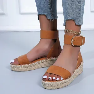 Fululuer Wedge Sandals for Women,Espadrille Women Dressy Summer Platform Ankle Buckle Beach Open Toe Wide Widge Sanddals Orthopedic Width (E-Brown, 9)