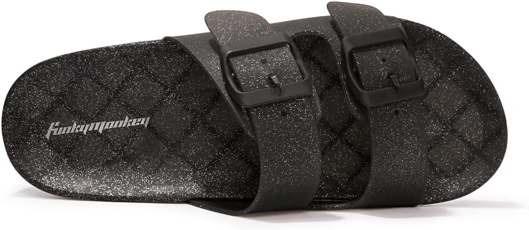FUNKYMONKEY Women's Comfort Slides Double Buckle Adjustable Plastics Flat Sandals