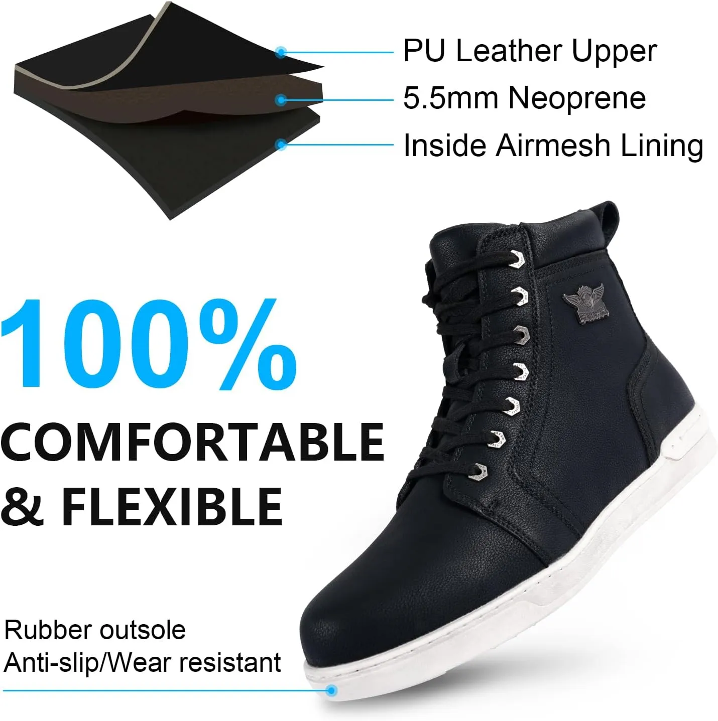 GARGOYLE BELLS Men's Casual Boot PU Leather Combat Boots For Men Waterproof Chukka Boots For Motorcycle Biker Hiking with Side Zipper