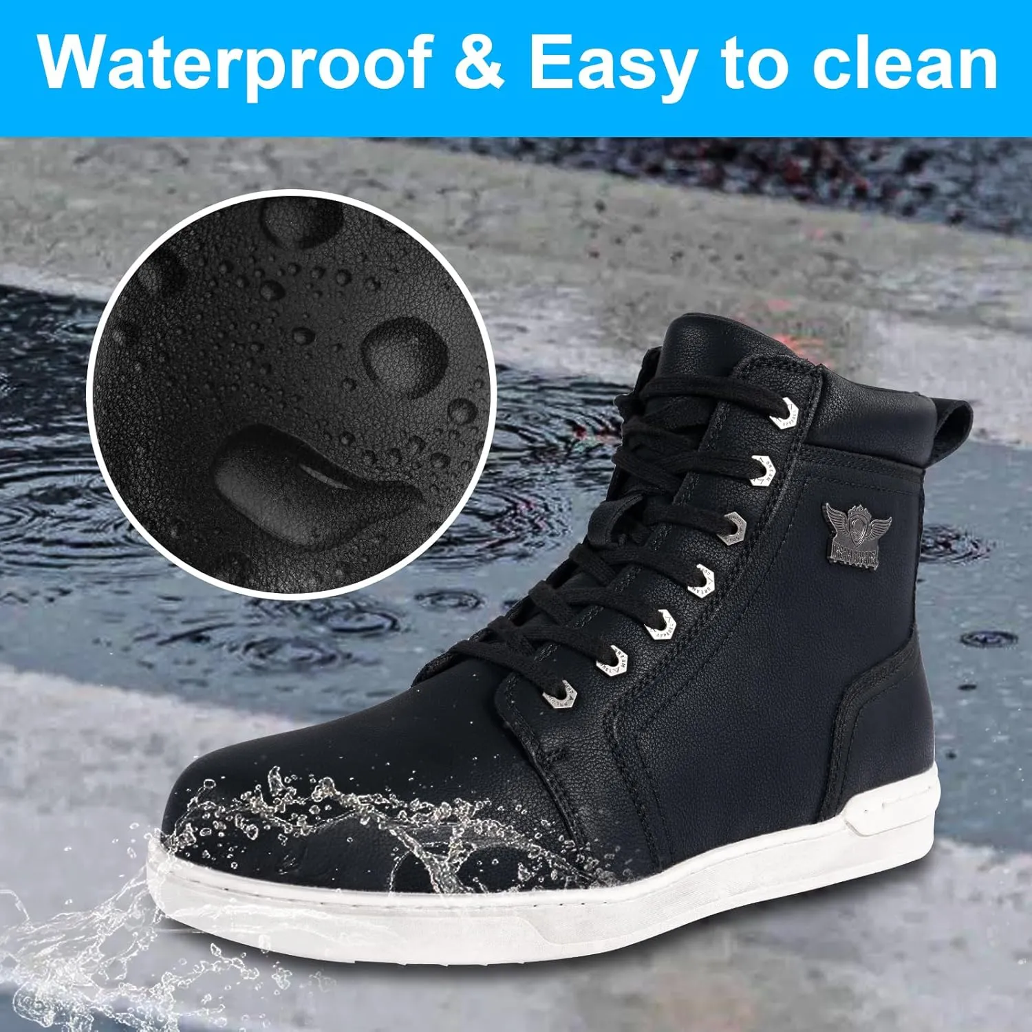 GARGOYLE BELLS Men's Casual Boot PU Leather Combat Boots For Men Waterproof Chukka Boots For Motorcycle Biker Hiking with Side Zipper