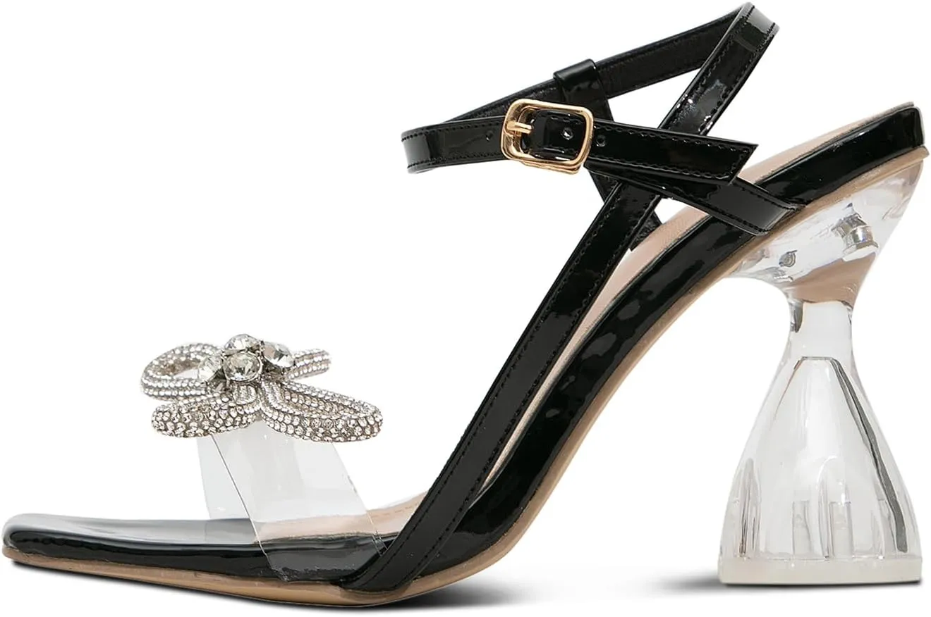 GATUXUS Women's Crystal High Heels Sandals with Rhinestone Bow Square Toe Ankle Strap Wine Glasses Heel Wedding Shoes