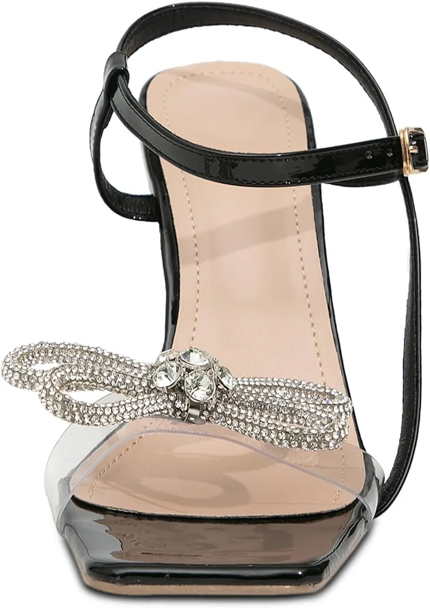 GATUXUS Women's Crystal High Heels Sandals with Rhinestone Bow Square Toe Ankle Strap Wine Glasses Heel Wedding Shoes