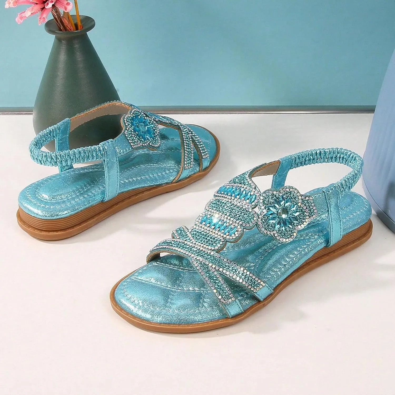 Girls Sandals Flats Shoes Dressy Summer Flat Sandals for Girl Open Toe - Bohemian Elastic Ankle Strap Sandal Casual Beach Walking Shoes