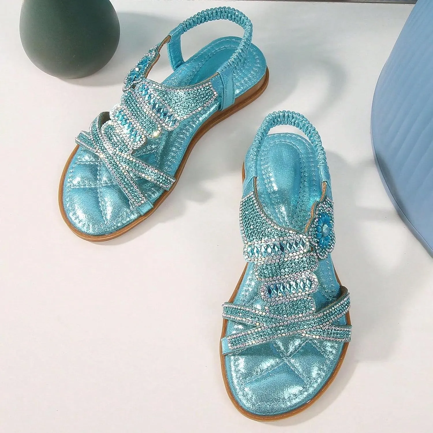 Girls Sandals Flats Shoes Dressy Summer Flat Sandals for Girl Open Toe - Bohemian Elastic Ankle Strap Sandal Casual Beach Walking Shoes