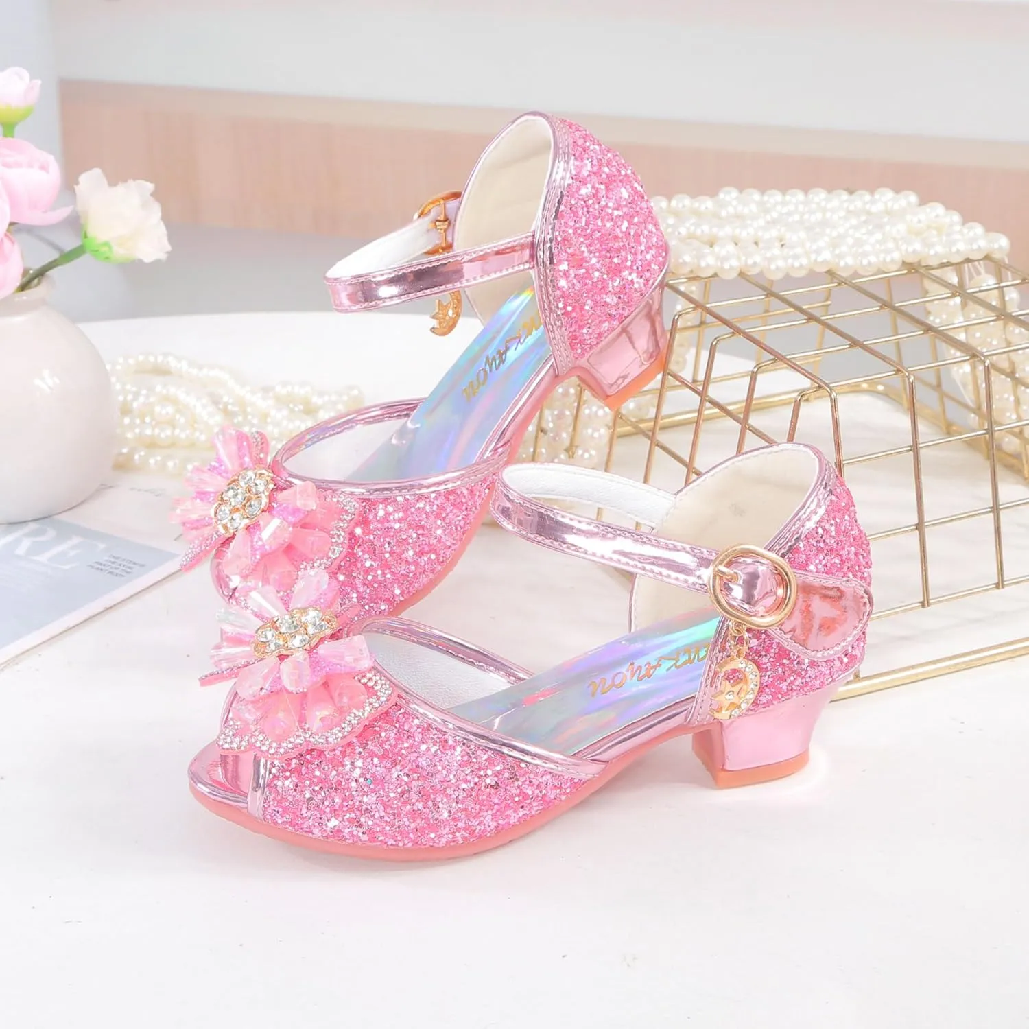 Girls Shoes Sparkle Mary Jane Low Heel Princess Flower Wedding Party Dress Shoes