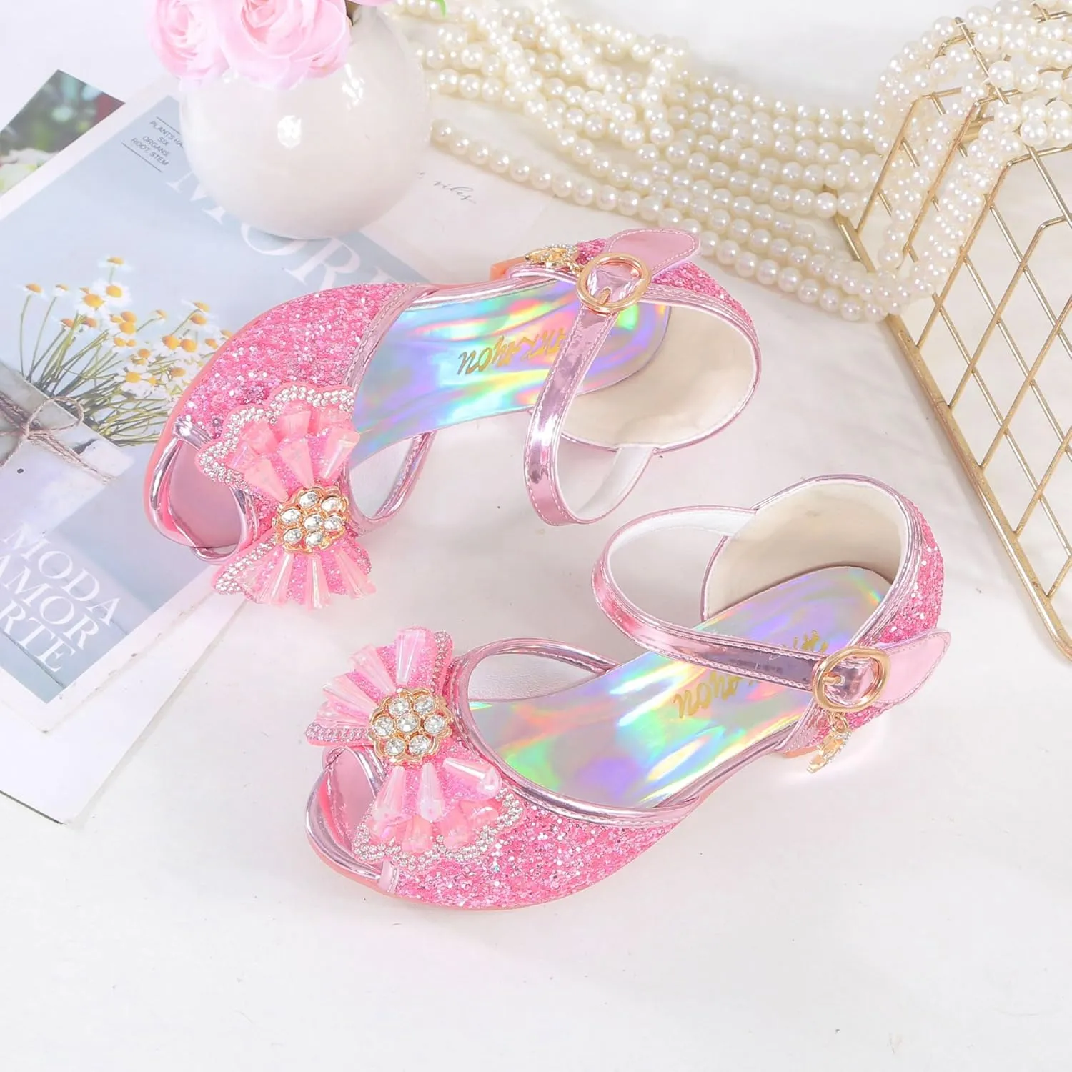Girls Shoes Sparkle Mary Jane Low Heel Princess Flower Wedding Party Dress Shoes