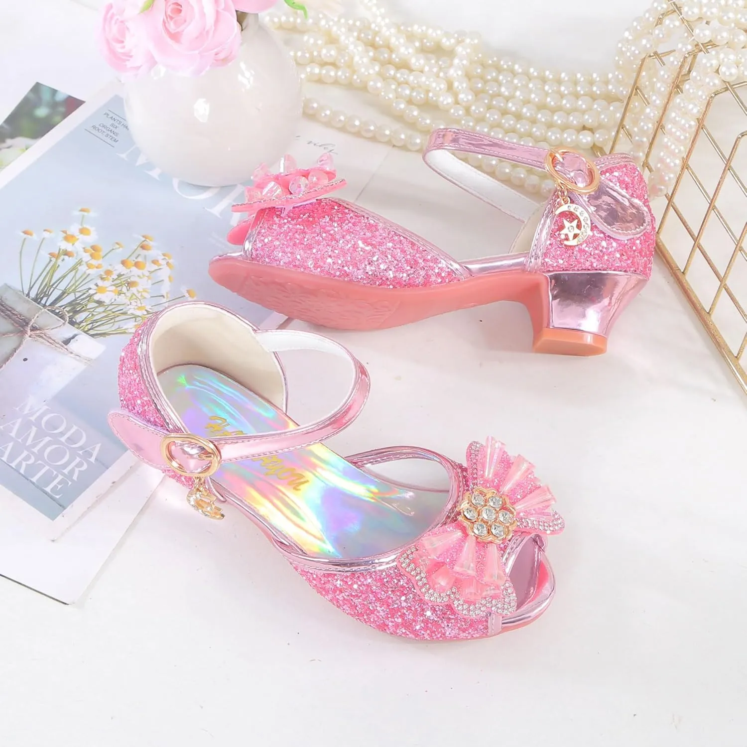 Girls Shoes Sparkle Mary Jane Low Heel Princess Flower Wedding Party Dress Shoes